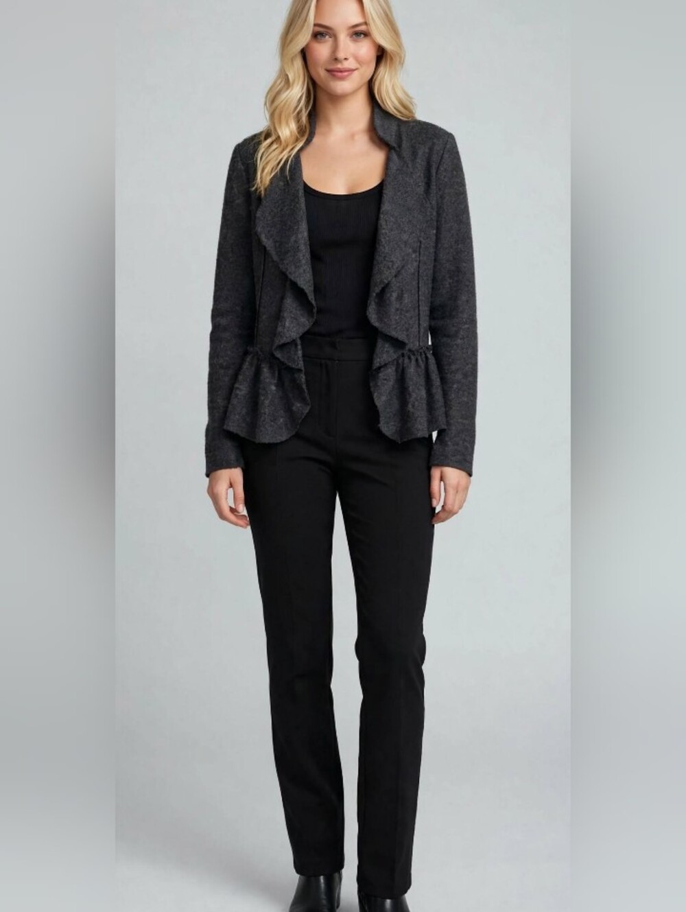 Women's Charcoal Gray Ruffled Jacket Cardigan Sweater Size Large Cache